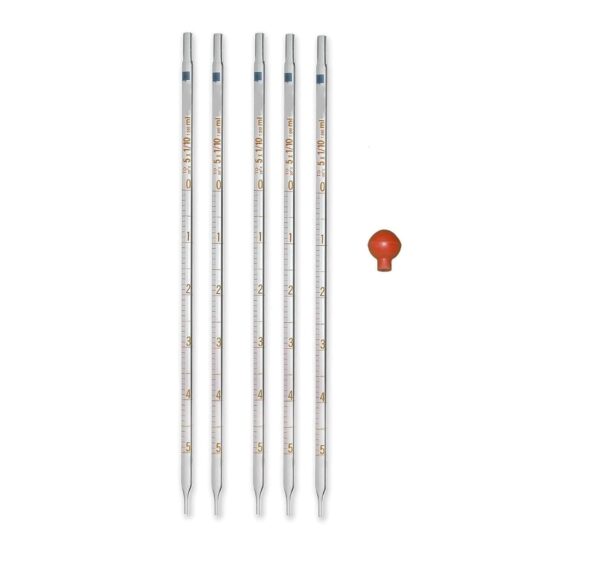 APEX LABS® Borosilicate Glass Pipettes Graduated - with Free Pipette Bulb Pack of 5 (0.1 ML, 1 ML, 2ML, 5ML, 10 ML)